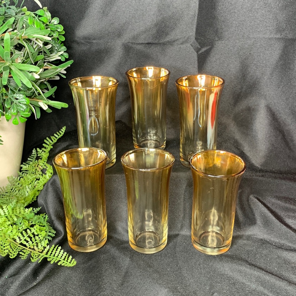 Set of 5 vintage plain amber marigold carnival glass iridescent juice glasses
